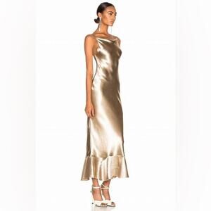 Saloni Satin Champagne Gold Backless Ruffle Hem Cowl Neck Midi Dress Size 8
